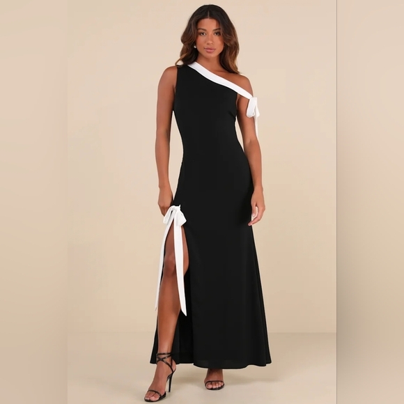 Lulus Intriguing Demeanor Black and White Bow One-Shoulder Maxi Dress XL Wedding - Picture 2 of 9